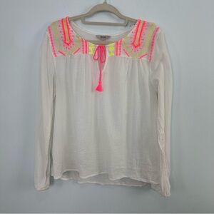 Decree Long Sleeved Peasant Top White With Neon embriodery at Neck Size XL